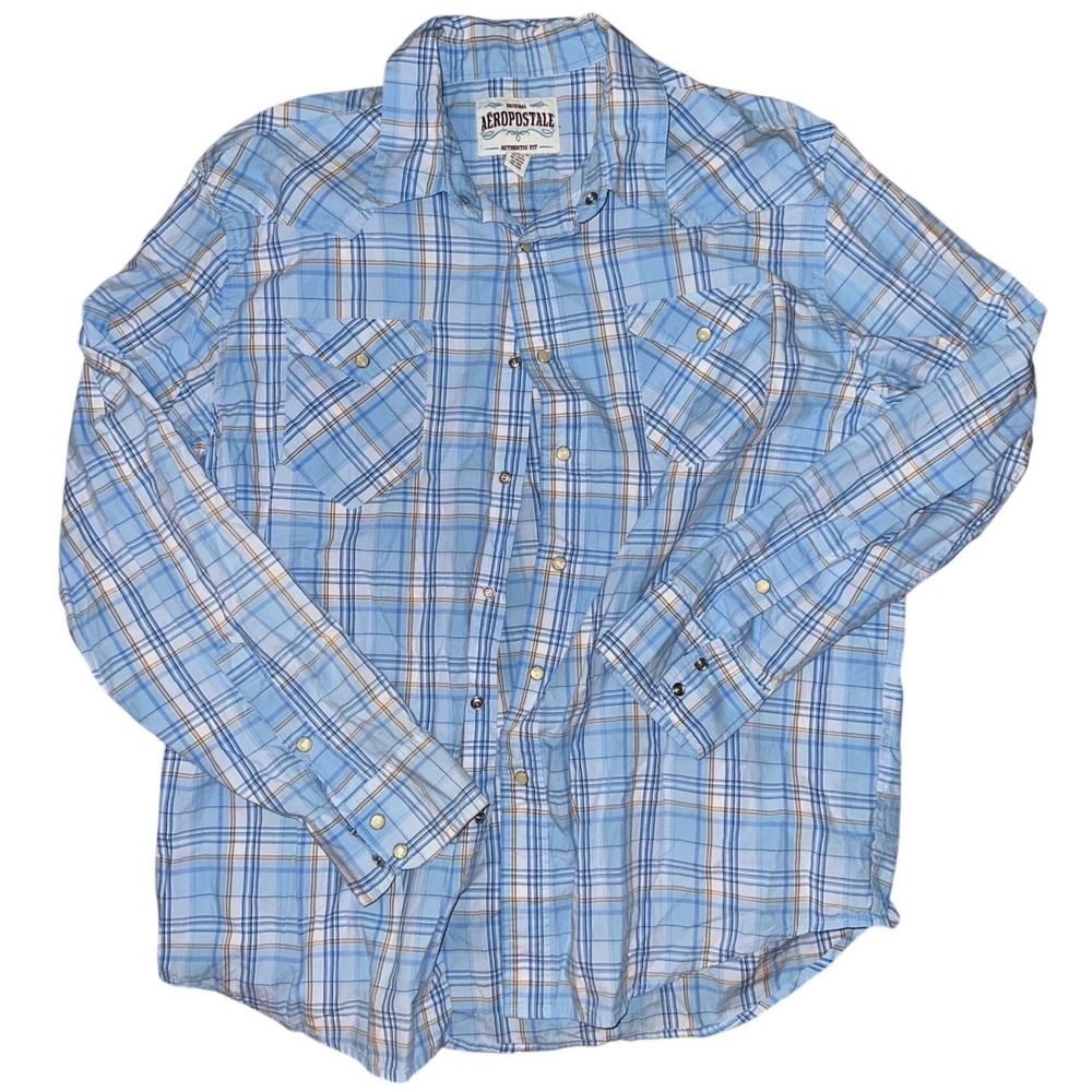 Aeropostale Mens XL Blue Plaid Western Pearl Snap Authentic Fit Cotton Shirt